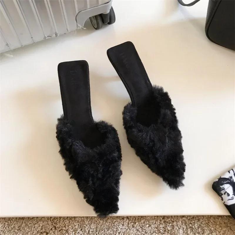 Женские туфли на высоком каблуке Замшевые тапочки 2023 Новый тренд Весенняя мода Вечеринка Сексуальные лодочки Повседневные женские туфли-стилет Сандалии с мехом Mujer