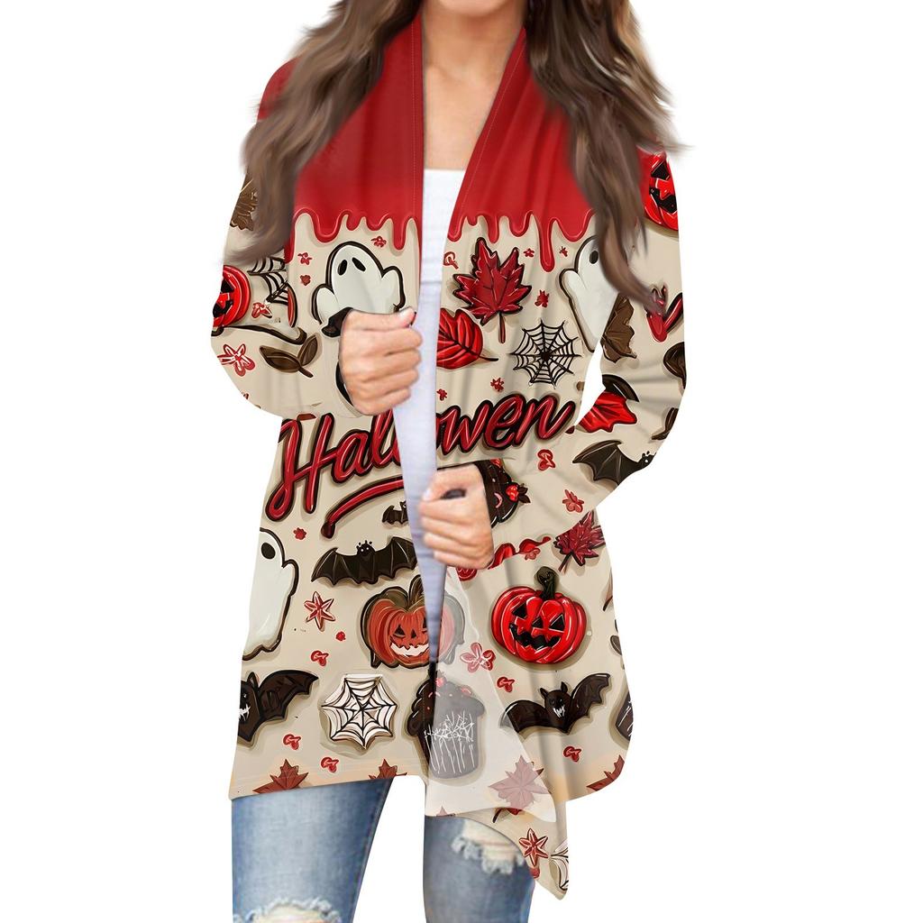Женский кардиган с длинными рукавами и принтом на Хэллоуин, легкая куртка с принтом