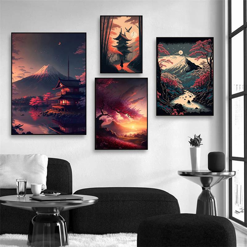 Ретро Фэнтези Япония Дом Деревенский Пейзаж Плакаты и принты Холст Картины Озеро Сакуры Настенное Искусство Для Гостиной Домашний Декор