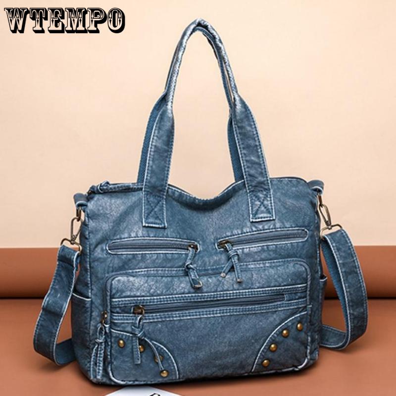 WTEMPO Ретро мытая кожаная сумка Модная женская большая сумка большой емкости с несколькими карманами