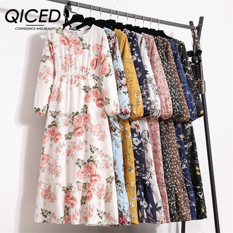 QICED Женская юбка для перерыва на чай, шифоновое платье с длинными рукавами и цветочным принтом, весна и осень, женственная юбка для похудения с талией, фея