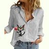 Women Fashion Buttoned Long Sleeve Shirt Ladies Casual Thin Cotton Linen Top Cat Print Long Sleeve Blouse