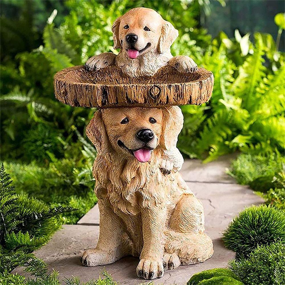 Resin Crafts Garden Dog Statues Animal Bird Feeding Tray Cute Garden Decoration  for Home Yard