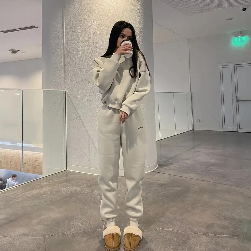 Женский однотонный костюм с длинным рукавом и круглым вырезом, осенне-зимний свободный верх, широкие брюки