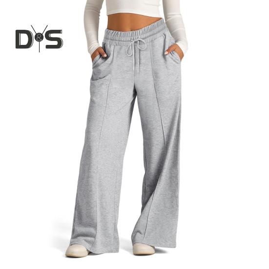 Женские повседневные брюки с эластичной резинкой и высокой талией, регулируемые на шнурке, прямые широкие брюки с карманами, однотонные длинные брюки