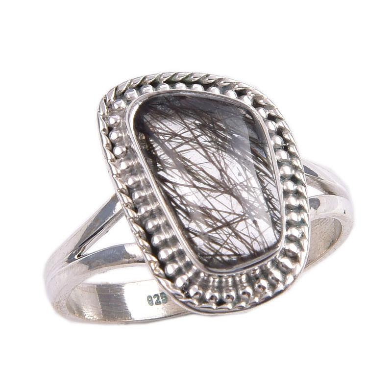 Natural Black Rutile Gemstone 925 Solid Sterling Silver Jewelry Ring S.9.5 e8G15