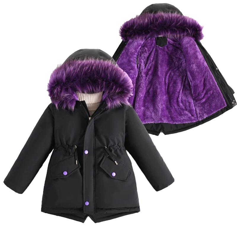 Winter Girls Jacket Fur Collar Lining with Velvet Hooded Thick Coat for Kids Children Children's Outerwear Big Size Teen-agers