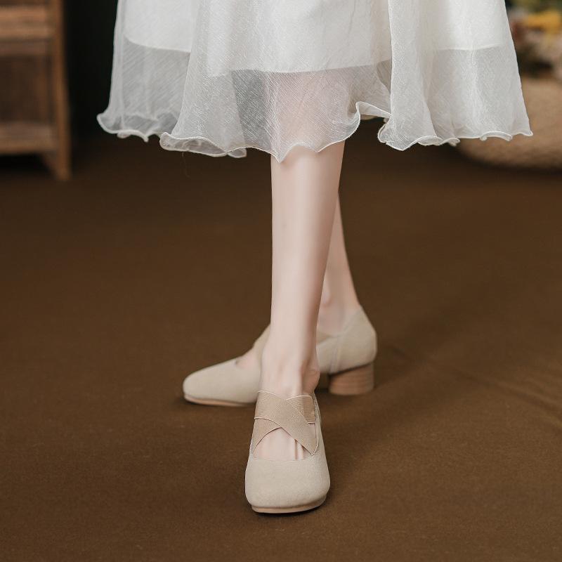 Coarse heel ballet Mary Jane single shoes 2025 new cross elastic belt high heels women's daily versatility increases height and looks thin