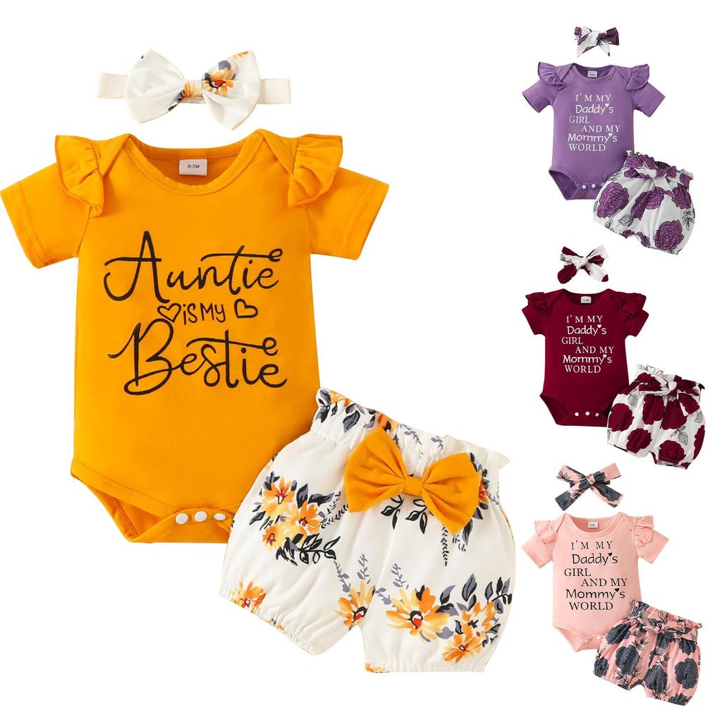 Летний комбинезон с короткими рукавами и буквами, футболка + юбка + повязка на голову, комплект для маленьких девочек, наряд для новорожденных, детский костюм, детские боди