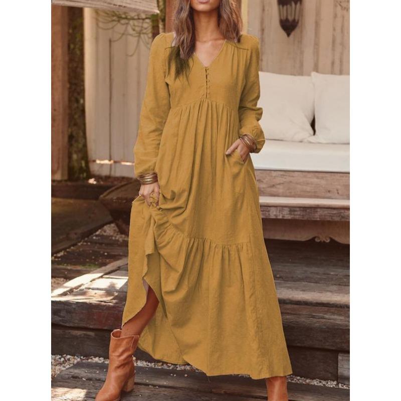 Women's Fashion Spring Fall Solid Color Print Long Sleeve V-Neck Loose Waistline Casual Dresses