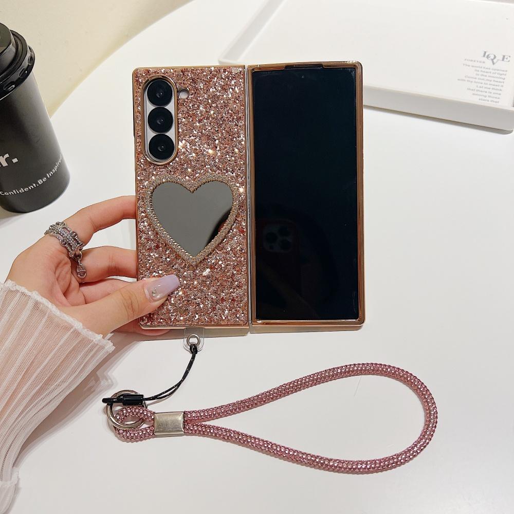 Для Samsung Z Fold 7 Сияющий Градиентный Алмазный Сердечко Зеркальный Ремешок на Запястье Чехол для Телефона Для Samsung Z Fold 6 5 4 3 Противоударный Чехол