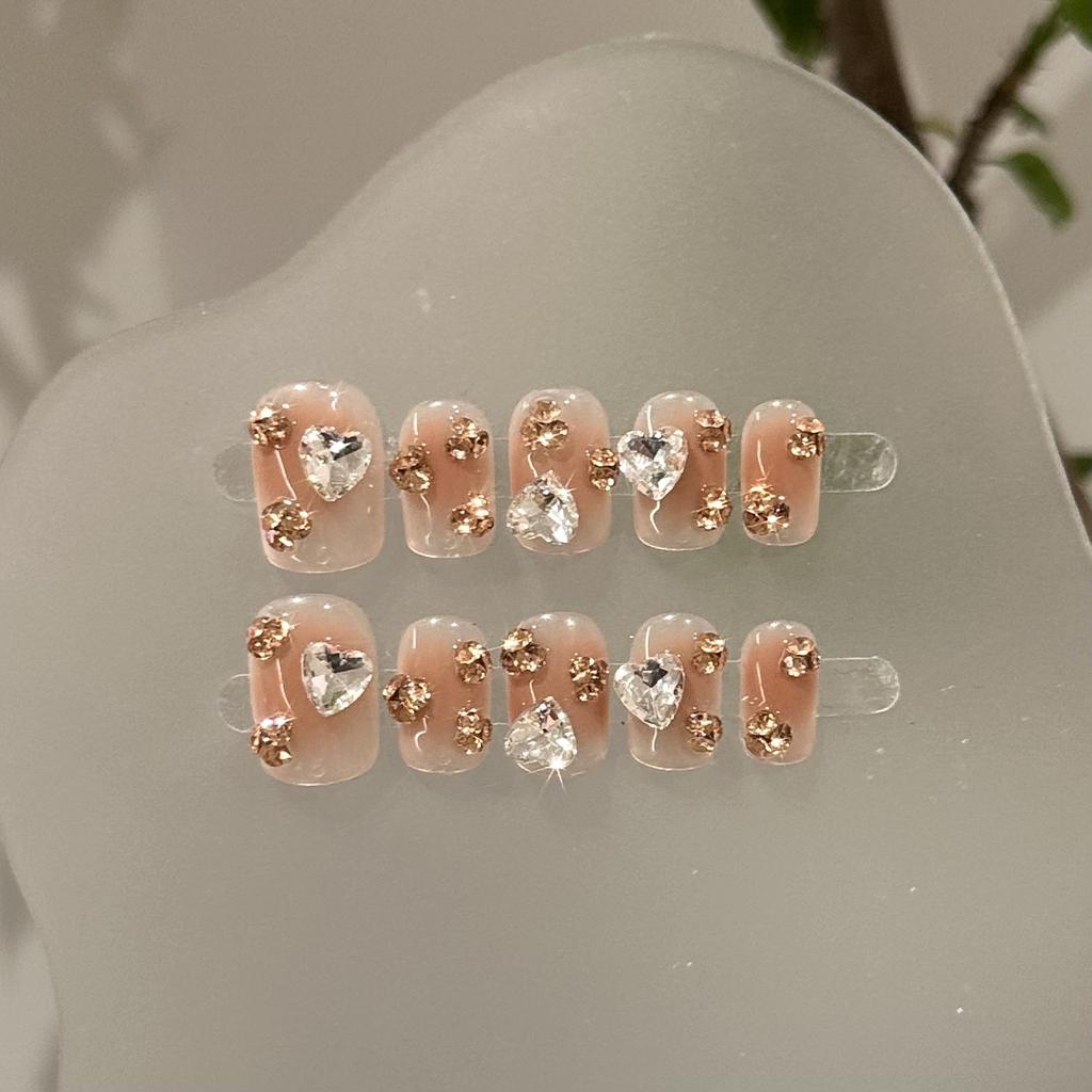 Women Short Press‑On Nails Pure‑Handmade Pink Blush Champagne Love White Light Luxury Temperament False Nail Patches