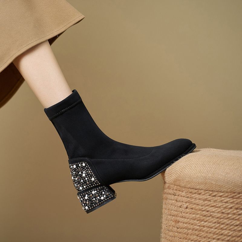 Модные женские ботильоны из замши, черные, женские, короткие, со стразами, элегантные, на среднем каблуке, распродажа, готические, удобные, Y2k Boot