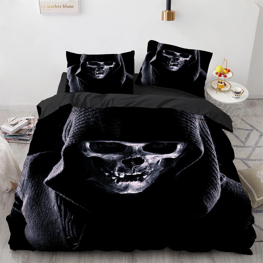Комплект постельного белья Black Hat Skull Queen Size Хэллоуин Комплекты пододеяльников Современный стиль Спальный комплект постельного белья Чехол для одеяла Наволочки