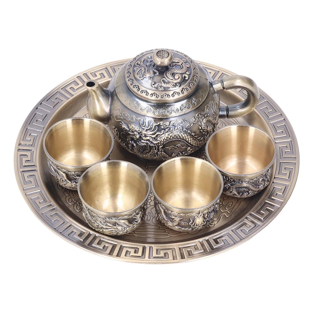 Tea Pot Vintage Exquisite Metal Luxurious Relief Pattern Moroccan Tea Set with Cups Plate for Table