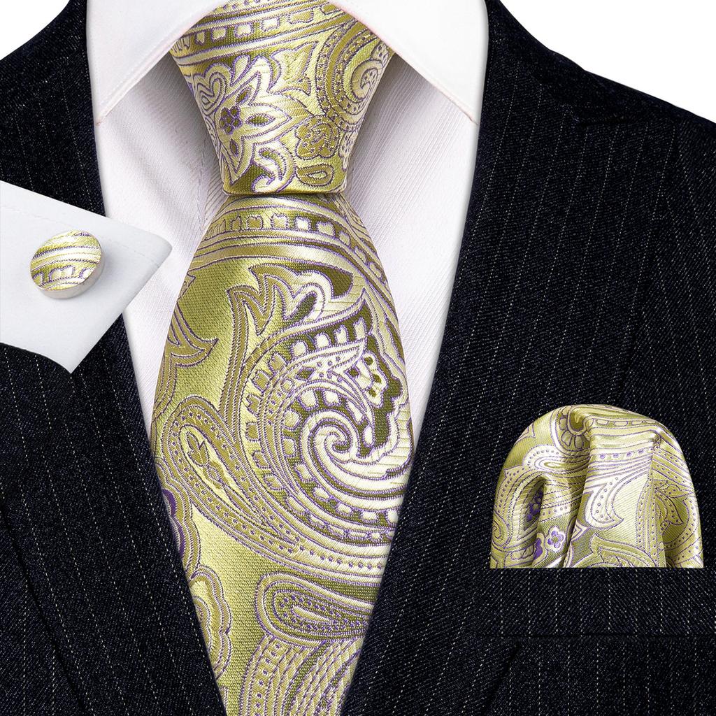 Barry.Wang Mens Ties Fashion Paisley Jacquare Silk Hanky Cufflinks Neckties Set Formal Casual