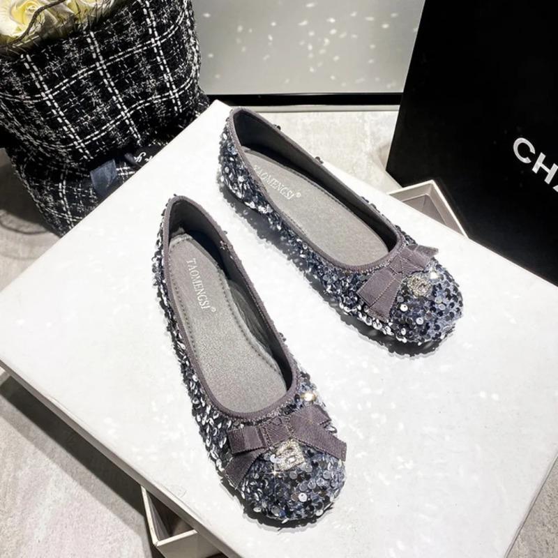Женские туфли на плоской подошве с мелким носком, сверкающие блестки, банты на плоской подошве, темпераментные одинарные туфли, женские туфли на плоской подошве, женская обувь, мода