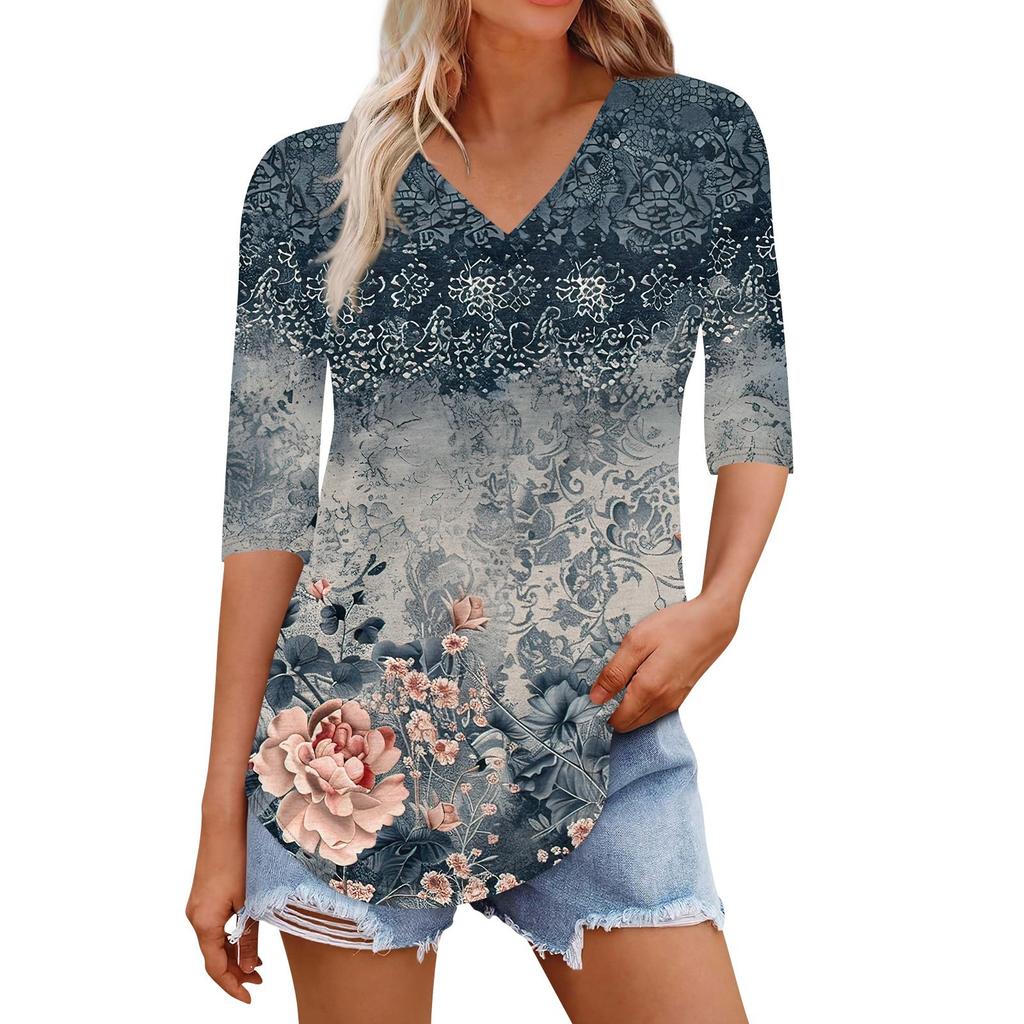 Рубашки для женщин Модные футболки с V-образным вырезом Повседневные блузки с принтом Топы с коротким рукавом для женщин