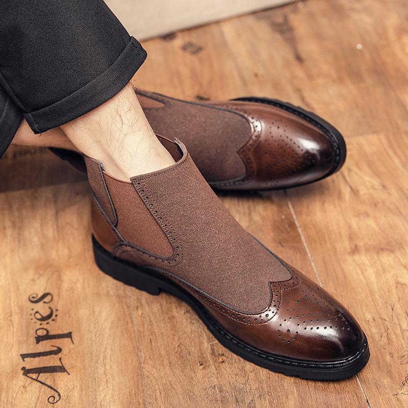 Pointed leather boots carved Brock high-top leather shoes dress casual shoes British style men's shoes short boots