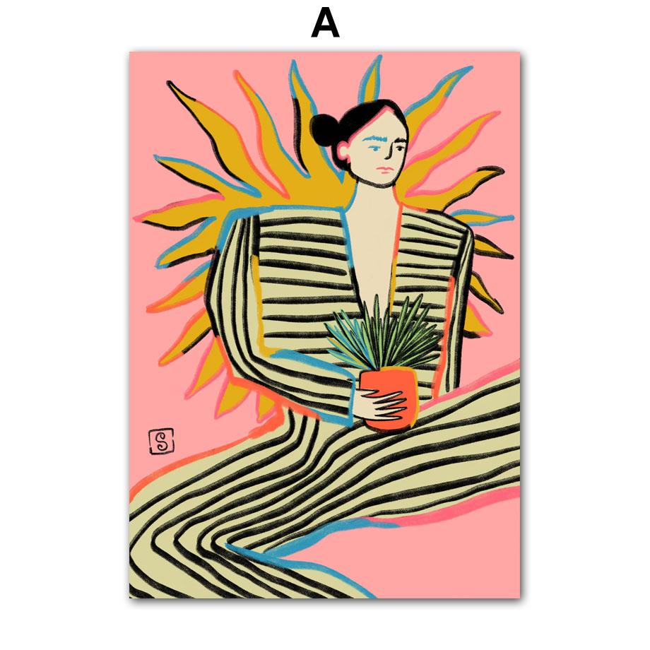 Abstract Line Stripe Girl Flower Leaf Colorful Wall Art Canvas Painting Posters And Prints Hotel Bar Pictures Indoor Room Decor