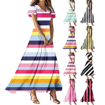 Женские платья летние повседневные с V-образным вырезом в полоску с коротким рукавом платья для работы