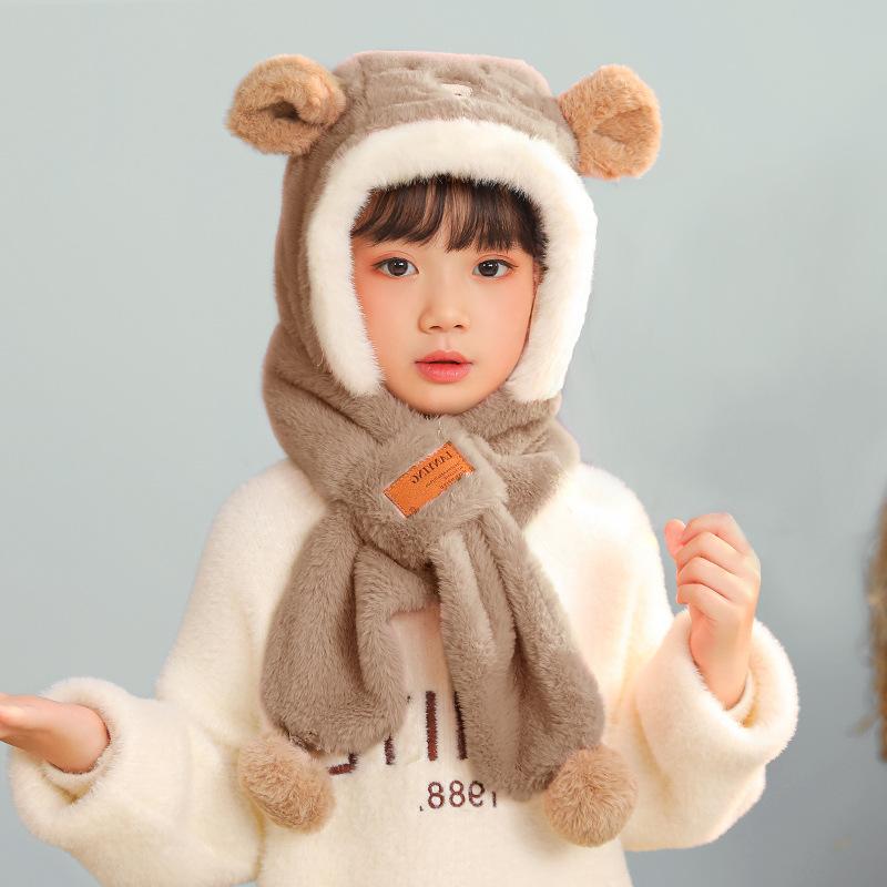 Bear hat, scarf, integrated children's winter thickened warm scarf, anti-fogging lenses, parent-child cycling ear protector