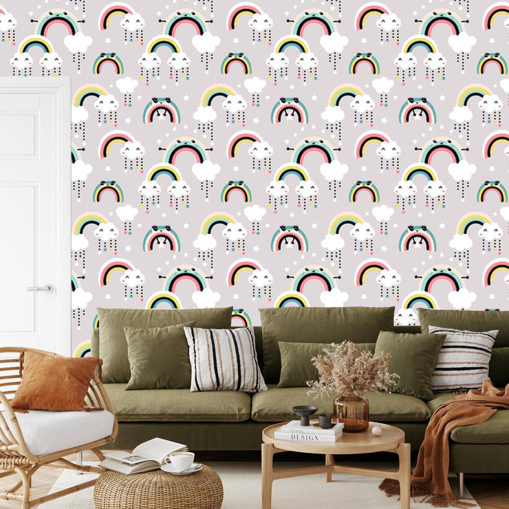 Happy Colorful Rainbows and Clouds Wallpaper for Living Room and Bedroom 50x1000
