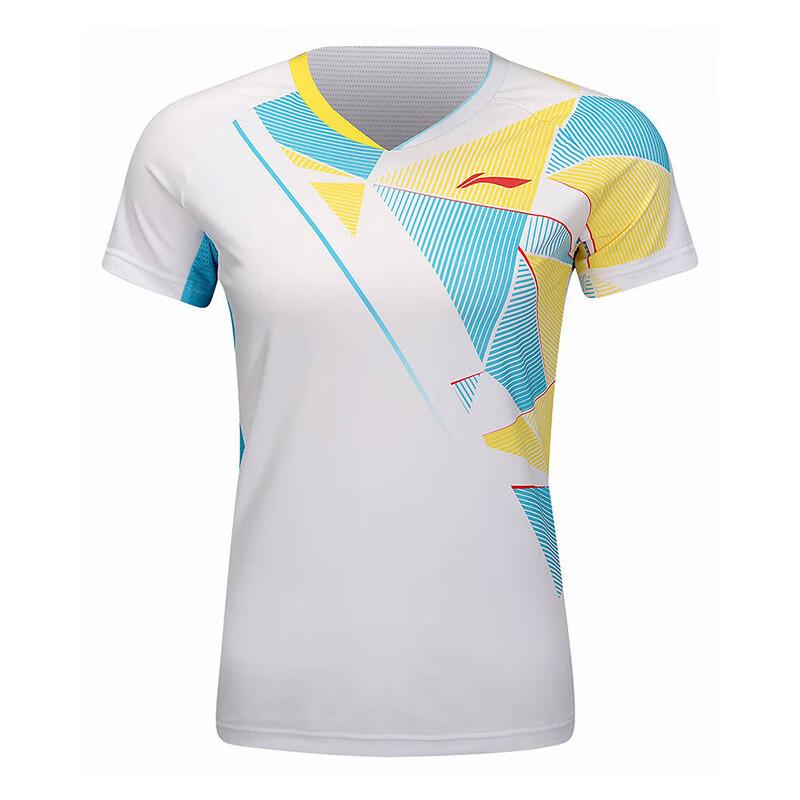 Li-Ning Badminton Series Striped Color Block V-Neck Comfortable Breathable Short Sleeve Badminton Shirt Women Tops Standard-White AAYU140-2