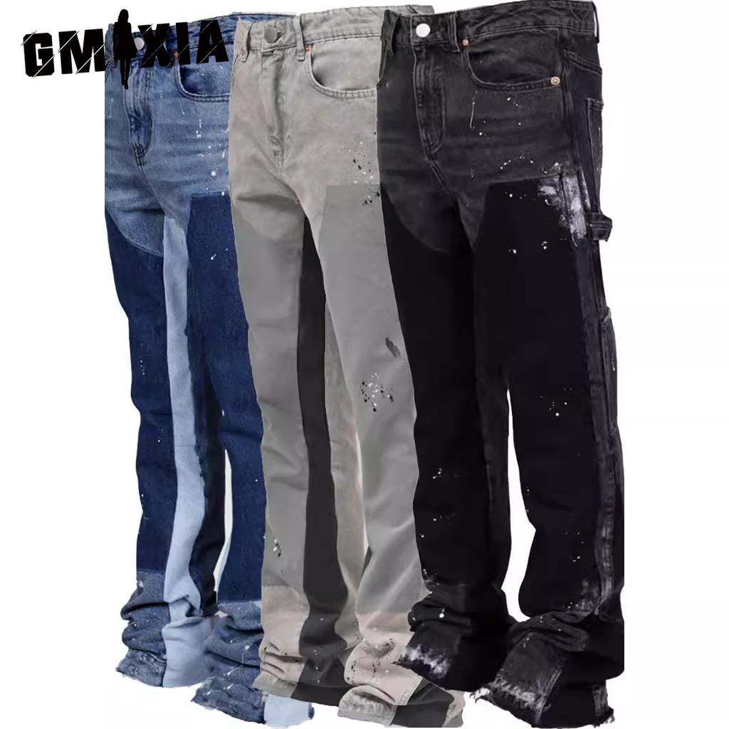 GMXIA Мужские джинсовые комбинезоны Fashion Ins Комбинезоны с эластичными заплатками из денима с ламинированными брюками-клеш