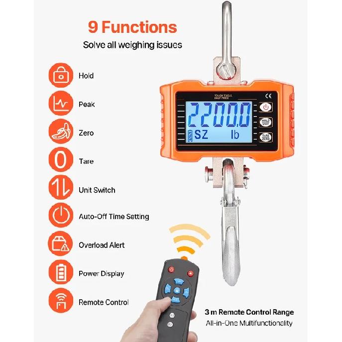 SucceBuy 1000kg/2000kg Digital Hanging Scale Portable with Remote Control Factory Crane Scale LCD Backlight Industrial Scales