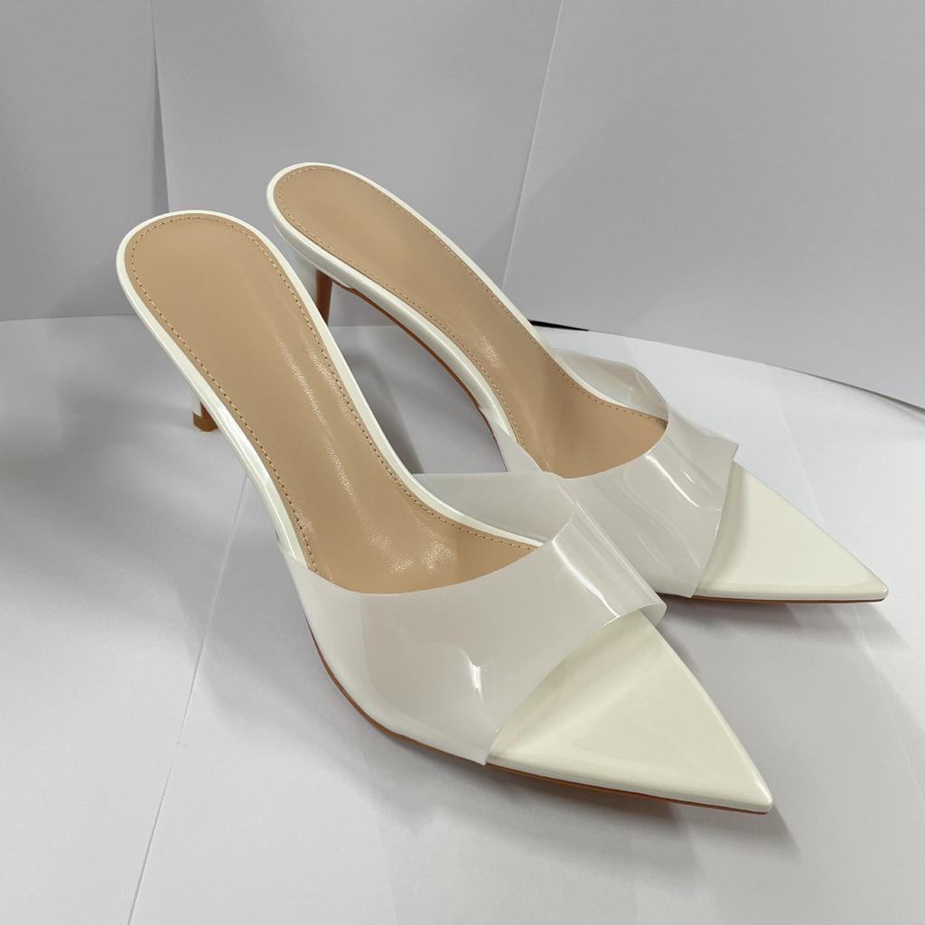 The new simple nude transparent high-heeled slippers with thin heels and pointed toes are not tired, and the high-heeled sandals are worn with open