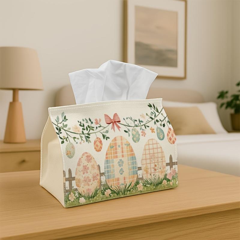 1pc Rustic Farmhouse Decorative Easter Tissue Box - Easter Egg Garland Fence - 10.92*12.95*17.78cm Tissue Box Holder, Napkin Holder, Sturdy for Living