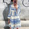 Women's Summer Pleated Short Dress Ruffled 3/4 Sleeve V Neck Button Up Mini Dress Boho Loose Flowy Beach Sundress