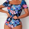 Купальник женский, цельный комплект с разрезом, высокая талия, короткий рукав, верхняя рубашка, бикини с кулиской и принтом