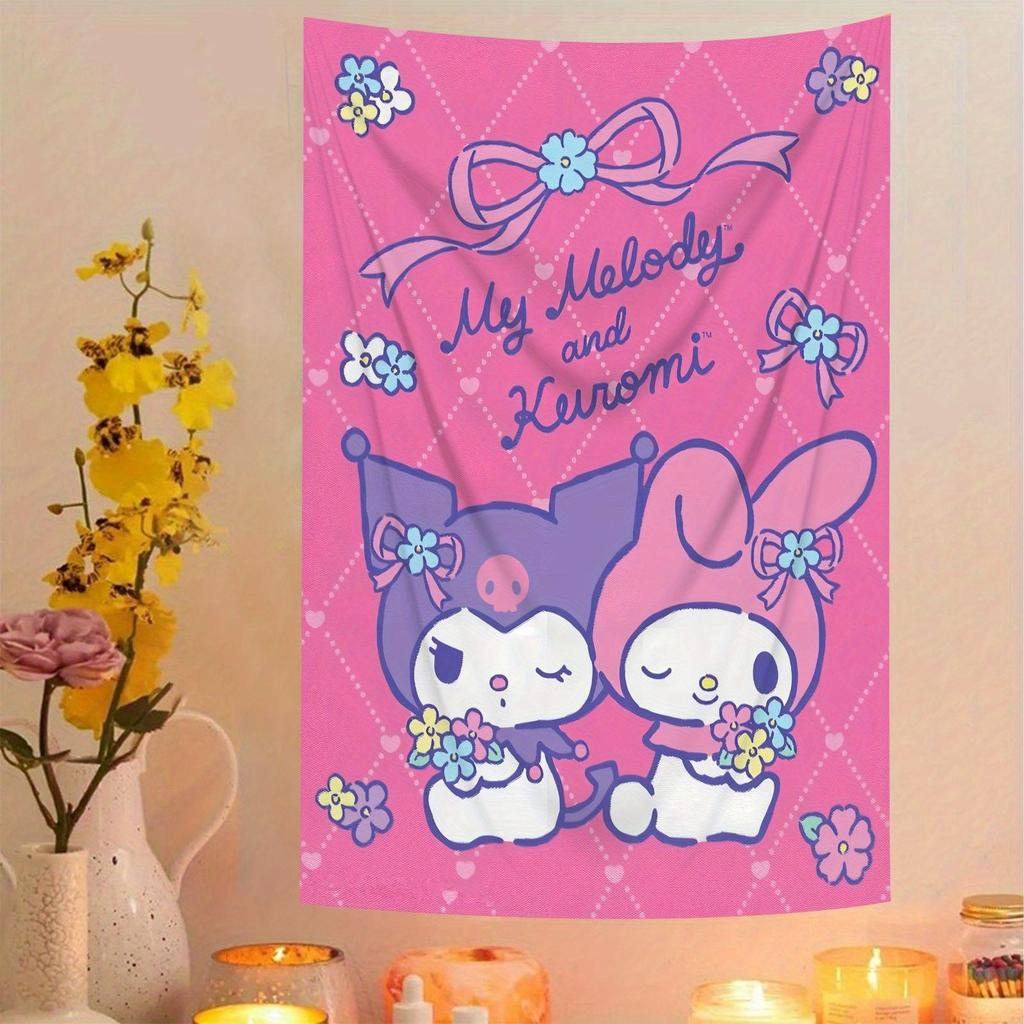 Гобелен с принтом My Melody и Black Beauty, синий и фиолетовый, мультяшные персонажи, цветочные украшения, идеально подходит для гостиных или