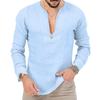 Мужская повседневная рубашка-henley из смешанного льна с глубоким V-образным вырезом, длинным рукавом, свободного кроя, однотонная