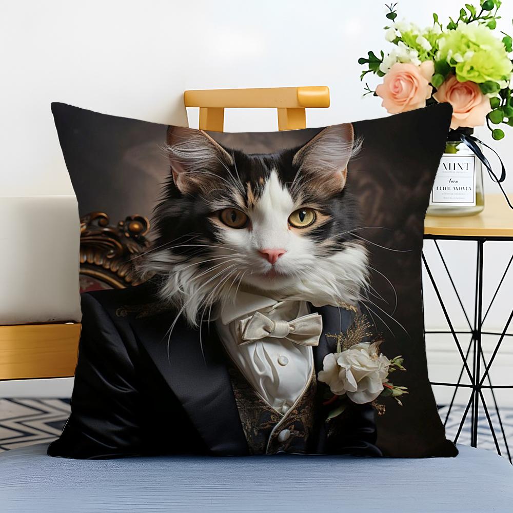 Renaissance Royal Cat Funny Cushion Cover Washable Linen Pillowcase Soft for Sofa Bed Cozy Home Room Decor