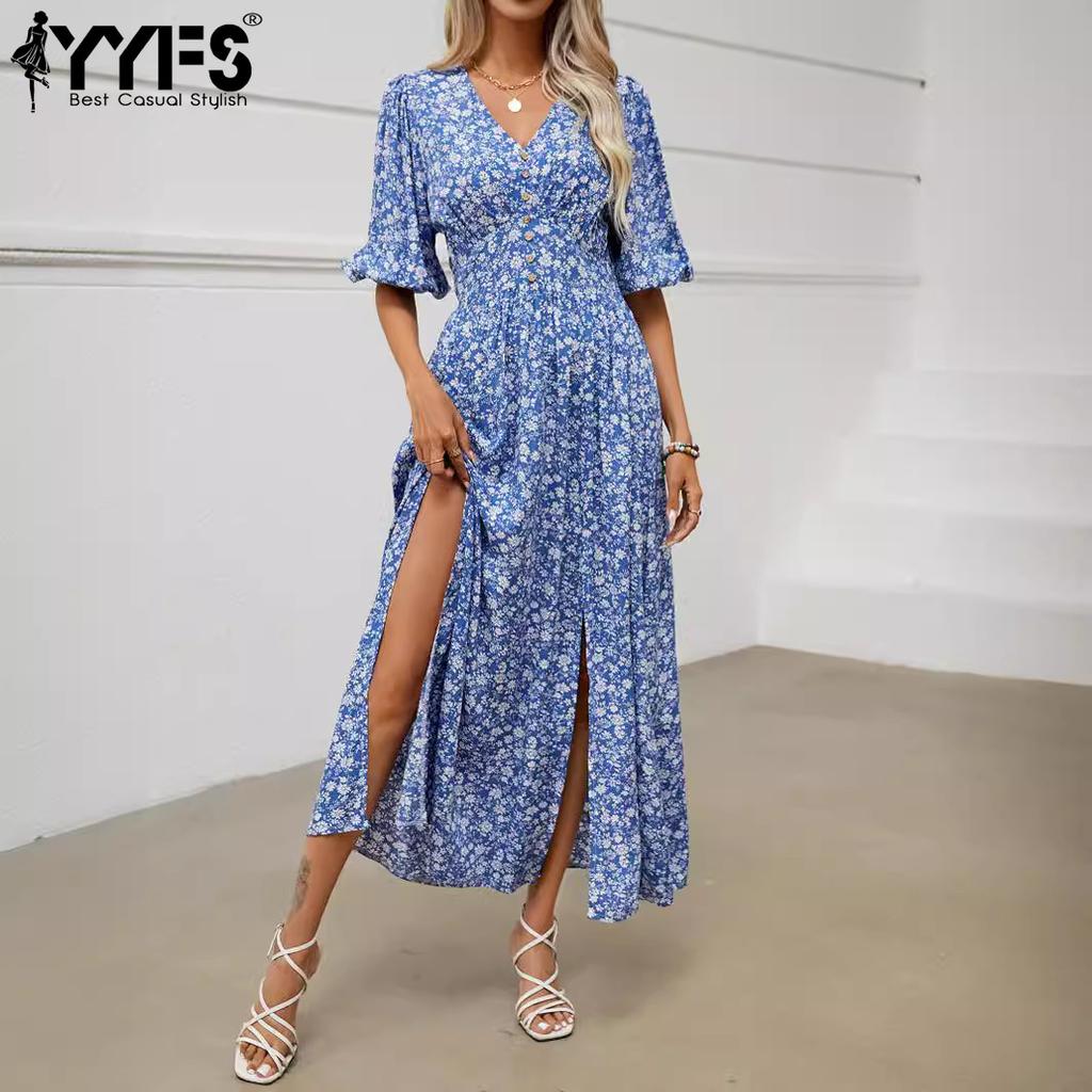 YYFS Женская мода лето весна цветочный узор принт с коротким рукавом V-образным вырезом с высокой талией повседневные платья