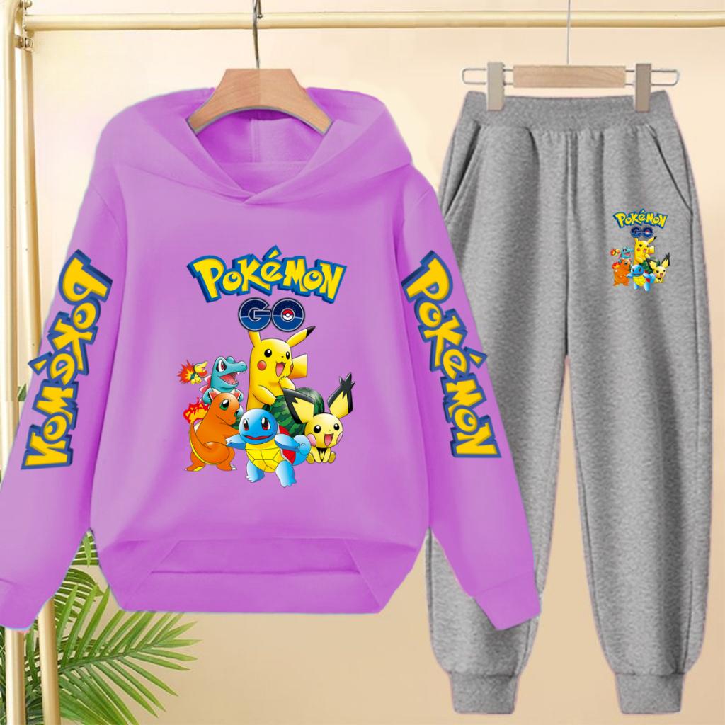 Pikachu Two-piece Clothing Children Girls Sweatshirt+Pants Casual Tracksuits Boys Pokemon Hoodie Kawaii Pullover Sports Coat Set