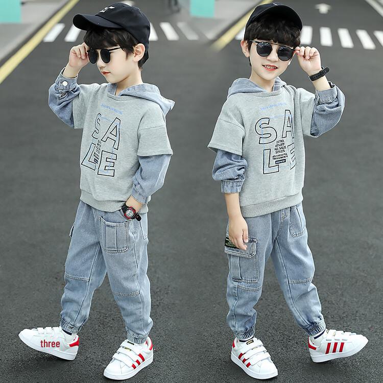 2022 Spring & Autumn Hooded Denim Suit for Boys: Stylish Two-Piece Outfit for Children