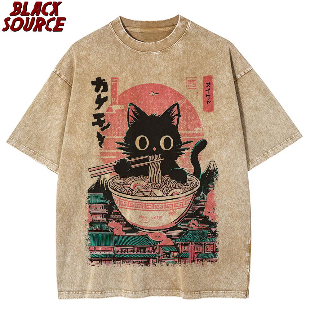 T187 Black Cat Printed T-shirt for Men and Women, Adorable Graphic T-shirt, T-shirt for Cat and Food Lovers, Animal Printed