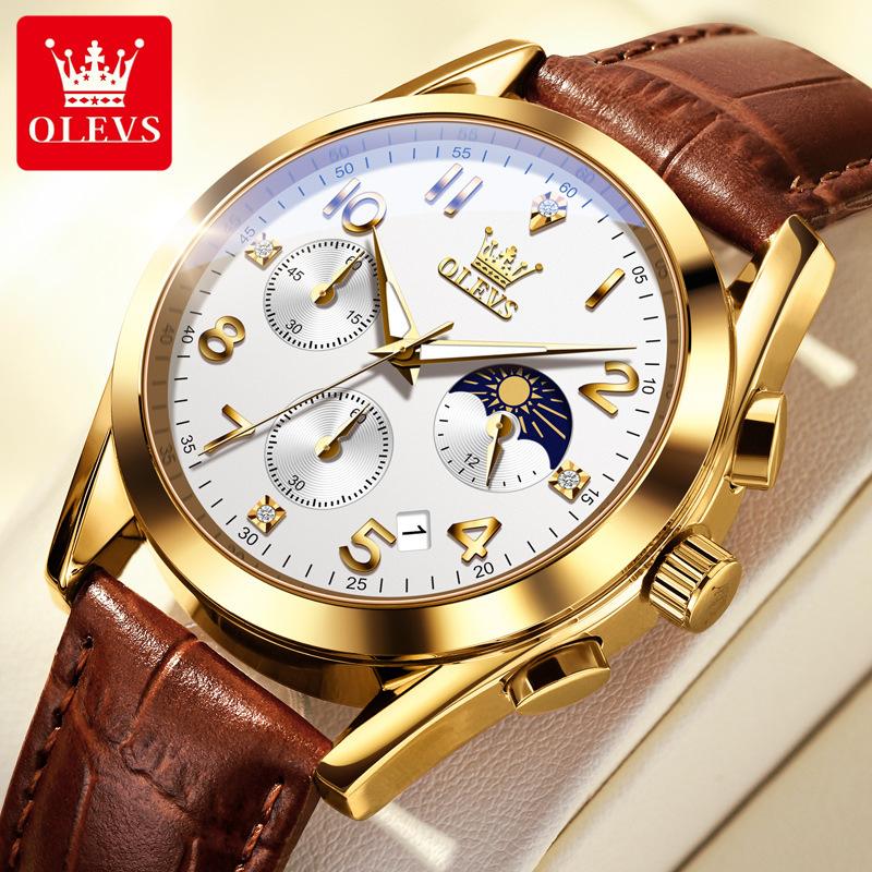 Men's Trendy and Fashionable Three Eye Six Needle 24-hour Moon Phase Dial Light Luxury Wristwatch Waterproof Luminous Quartz Watch