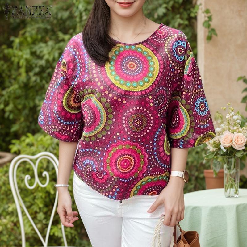 ZANZEA Женская повседневная блузка с круглым вырезом, ретро-принтом, свободным рукавом 3/4