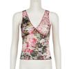 Women's Retro Floral Printing Color Clash Sexy V-Neck Lace Splicing Slim Neck Tank Top