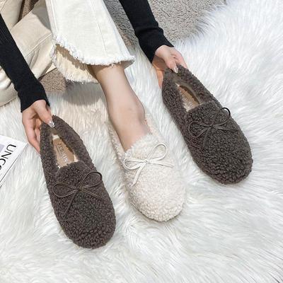 2025 Женские пушистые туфли из овечьей шерсти с бантом, осенне-зимние, плоские, повседневные