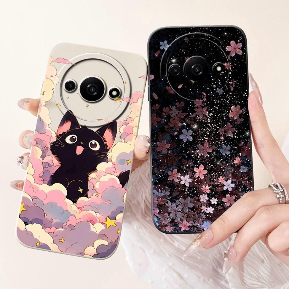 For Redmi A3 4G Phone Case For Xiaomi Poco C61 Cover Silicone Luxury Fashion Flowers Kawaii Cute Cat Painted Shockproof Bumper