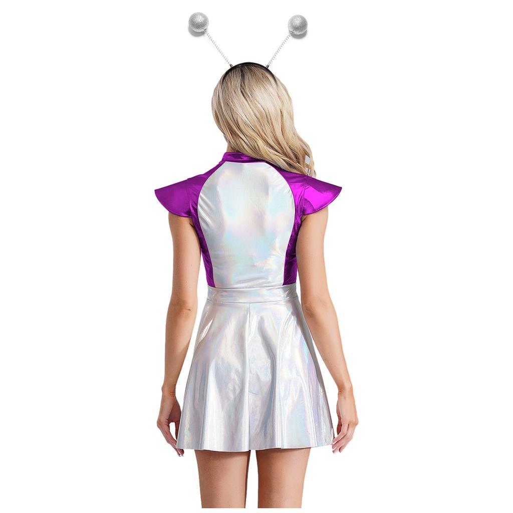 Womens Space Alien Costume Cap Sleeve Cutie Design Outer Space Theme Dress and Hair Hoop