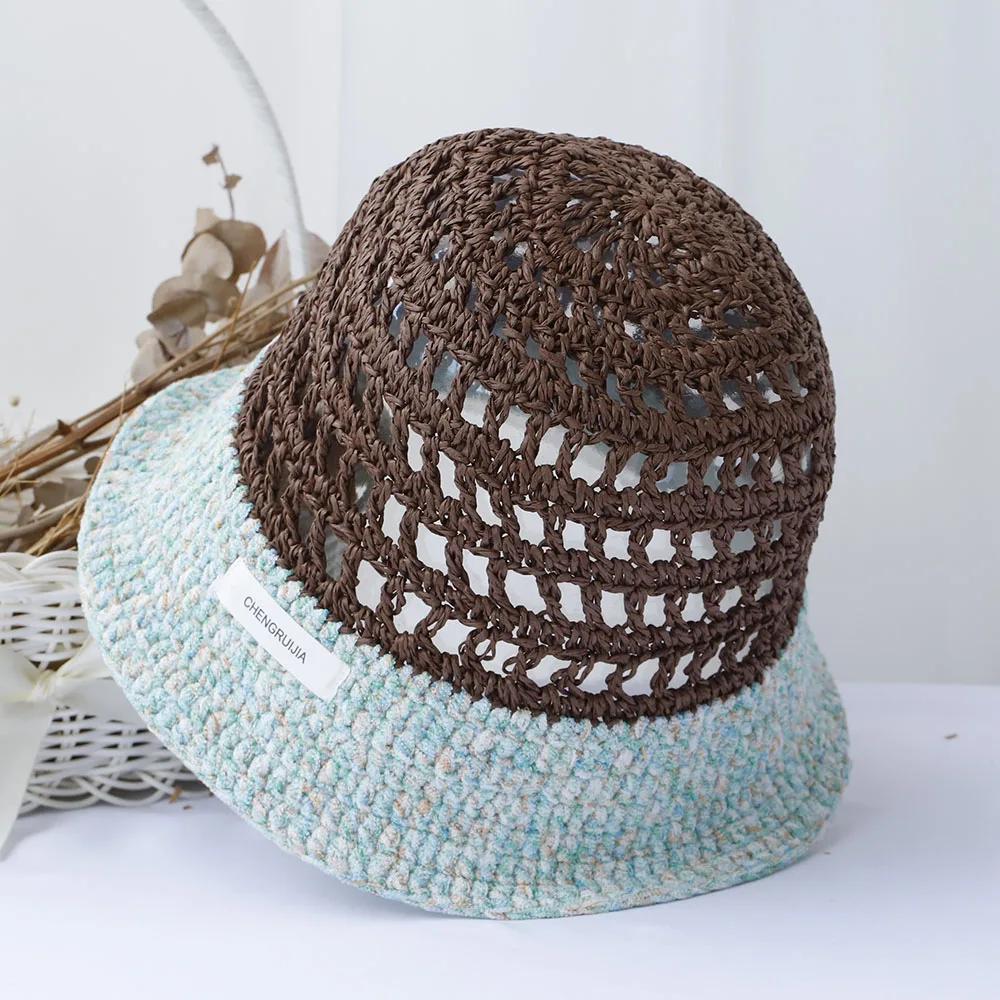Hollowed Out Sun Hat Fashion Style Bucket Hat Multicolor Foldable Sun Crochet Hat For Beach Travel Vacation Handmade Straw Hat