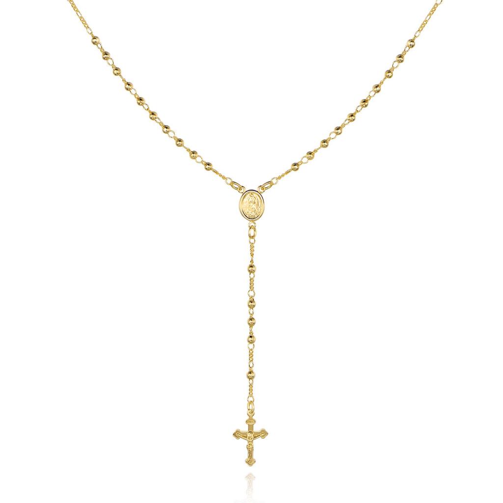 Barzel 18K Virgin Mary Rosary Bead Cross Necklace Made In 18 No Gemstones Gold-Plated - Brazil, Inches, Brass,