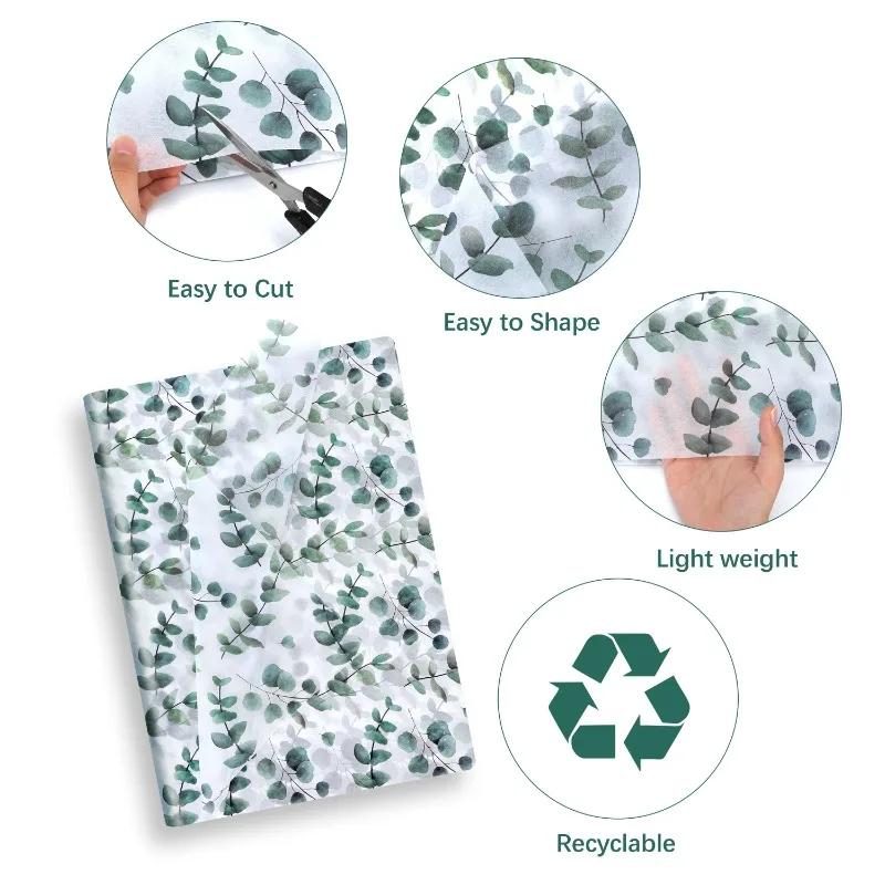 50x35cm 50pcs Gift Packaging Paper Eucalyptus Leaf Gift Box Inner Paper for Gift Pack Green Plant Gift Paper for Small Business